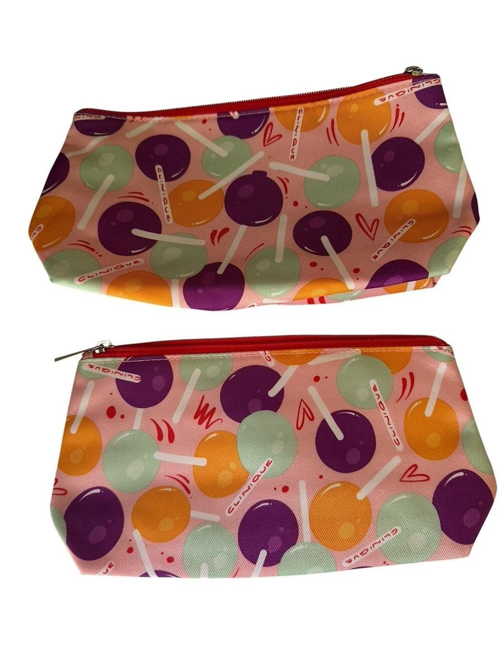 Clinique 2x Cosmetic Bag Lollipop Pink Makeup Toiletry Pouch Spring NWOT